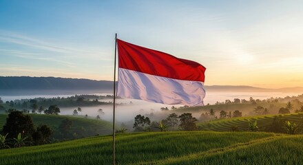 Flag over sunrise landscape