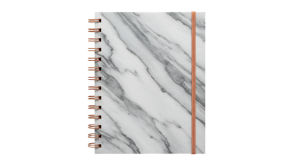 Marble texture spiral notebook with copper hardware. Perfect for stationery mockups, branding, and product presentation.