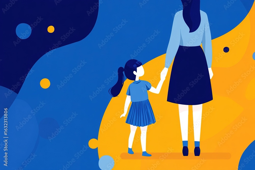 Poster child and parent holding hands in a simplistic artistic design featuring vibrant colors and shapes