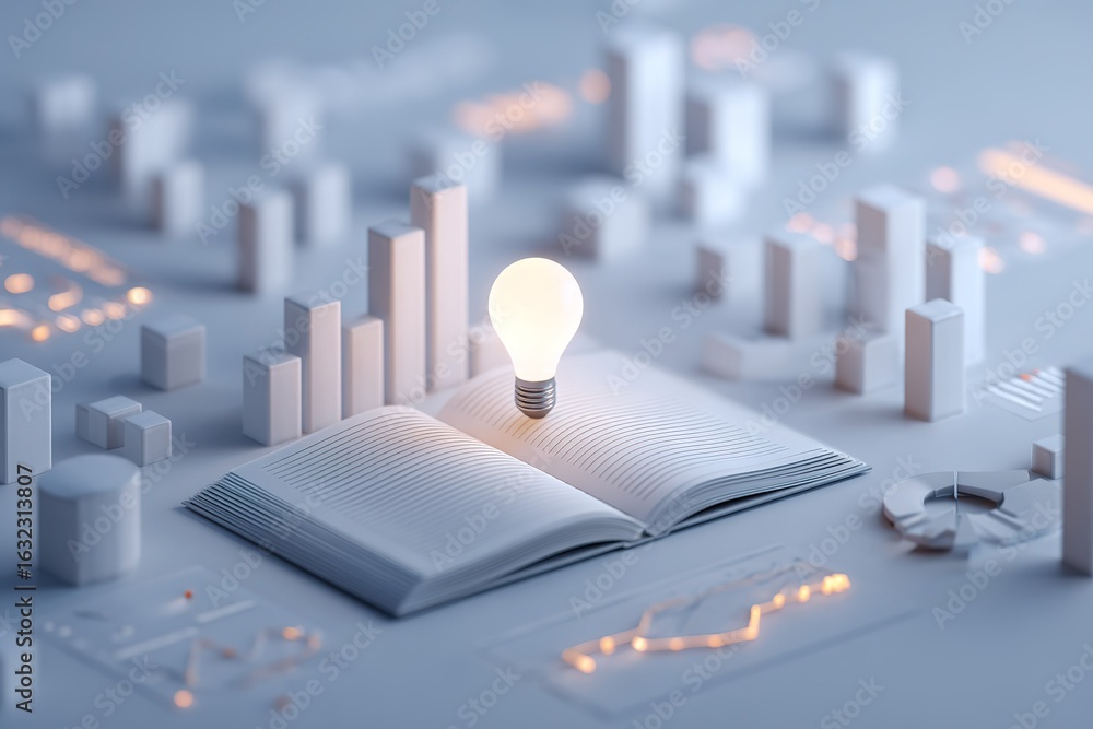Poster illuminated ideas emerge from an open book surrounded by abstract cityscape and data visuals