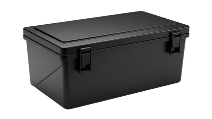 Black plastic storage container box with latches for organizing and secure storage solution needs on transparent background