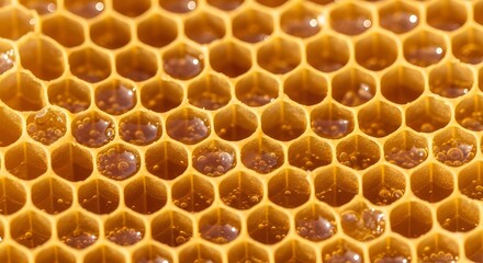Close-up of natural honeycomb filled with golden honey, showcasing the perfect hexagonal pattern, organic texture, and sweetness of nature&rsquo;s craftsmanship.

