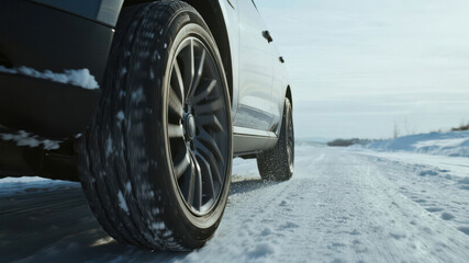 Vehicle driving on a snowy road with winter tires