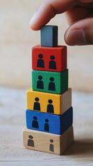 Obraz premium Stacking Colorful Wooden Blocks with People Icons Team Building, Organization, and Leadership Concept
