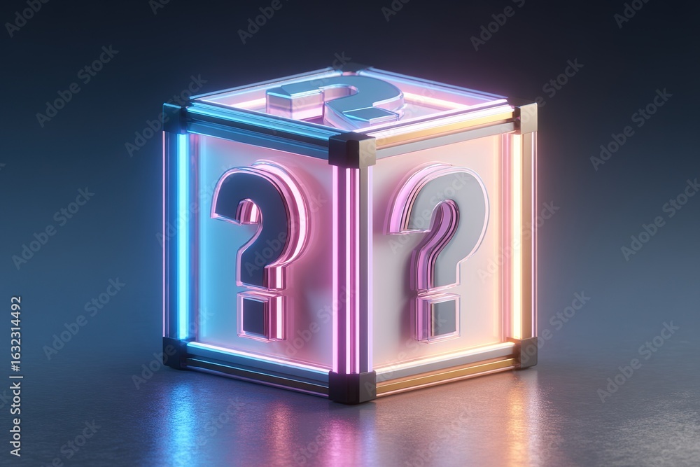 Poster unique glowing mystery box with question marks illuminated in vibrant colors on a dark background