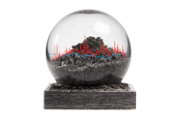Volcanic landscape inside a glass snow globe.