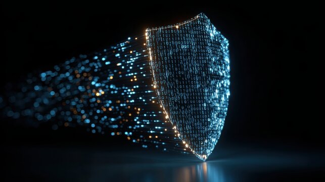 Glowing shield composed of binary code with light streaks