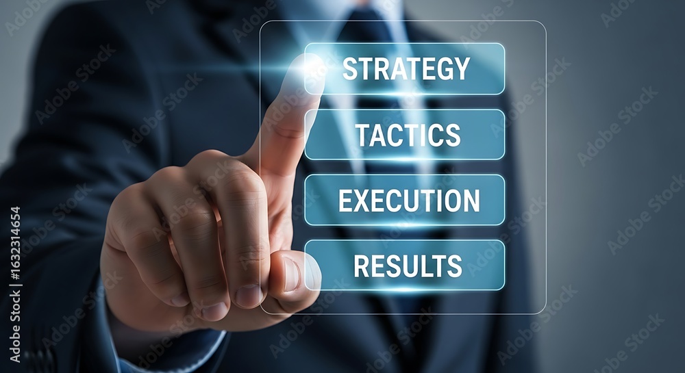 Aufkleber businessman touching digital screen showing strategy tactics execution and results concepts