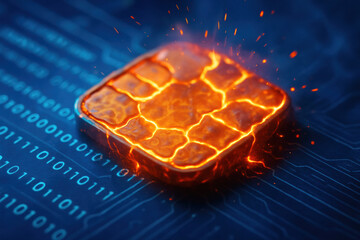 Illuminated Microchip on Digital Background Highlighting Technological Advancement with Glowing Cracks and Sparks Representing Modern Innovations