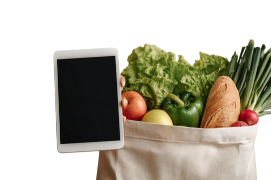 Tablet and grocery bag filled with fresh produce. Online food shopping concept. - Powered by Adobe