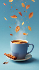 Cup of coffee floating with falling cinnamon and leaves, surreal style.


