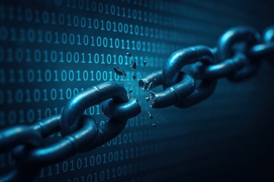 A Digital Chain Breaking Apart Amidst Streams of Binary Code, Symbolizing Disruption and Transformation in Technology and Security