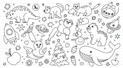 Fototapeta premium Whimsical Doodle Collection of Animals and Objects on Lined Paper