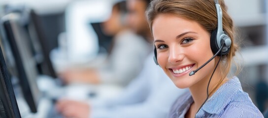 Close-up of cheerful female call center agent wearing headset in modern office, ideal for customer service marketing, communication ads, or support team branding