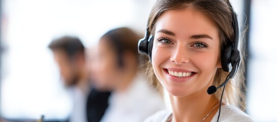 Close-up of smiling female call center operator with headset in modern office, ideal for customer service ads, communication platforms, or business support visuals