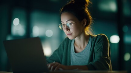 Woman wearing glasses using laptop at night