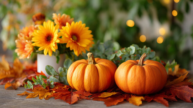 Two medium-sized pumpkins placed on a wooden table alongside a vase of bright sunflowers and an autumn arrangement of colorful leaves, cozy seasonal still life, warm natural lighting, rustic decor, hi