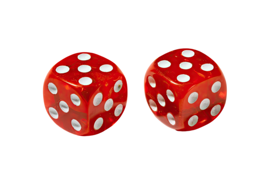 Two red dice with white pips, isolated on black