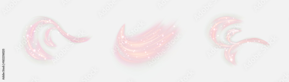 Poster Set of glowing pink light streams with sparkling particles and smooth motion effect on white transparent background. 