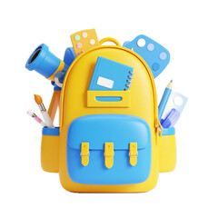 3d back to school concept with open yellow backpack, book, notebook, pen, pencil, paint palette, brush and telescope on white background.