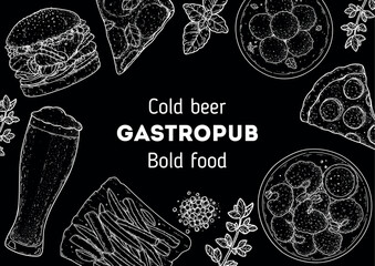 Gastropub menu. Pub food and beer. Hand drawn vector illustration. Food and drink sketch. Top view. Hand drawn food collection for gastropub or pub menu design. Beer,burger, pizza, french fries