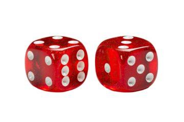 Two red dice, side-by-side, against a black background.  Clear, glossy dice show white pips
