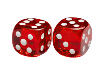 Two translucent red dice, showing numbers, sit side-by-side against a black background