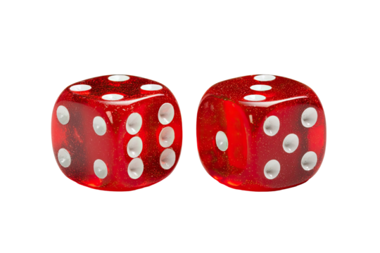 Two red dice, side-by-side, against a black background.  Clear, glossy dice show white pips