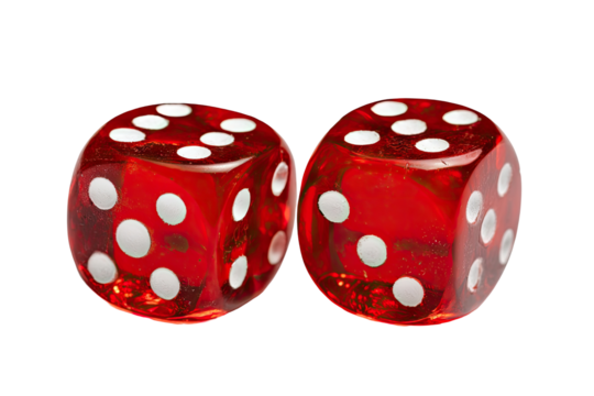 Two translucent red dice, showing numbers, sit side-by-side against a black background - Powered by Adobe