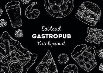 Gastropub menu. Pub food and beer. Hand drawn vector illustration. Food and drink sketch. Top view. Hand drawn food collection for gastropub or pub menu design. Beer, croutons, burger, pizza,snacks