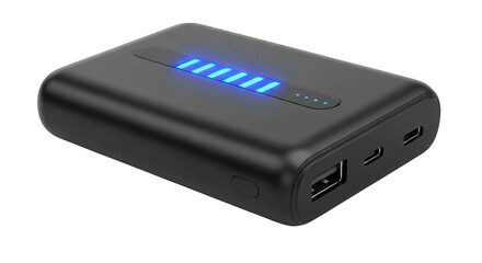 A sleek black portable power bank isolated on transparent background for charging devices
