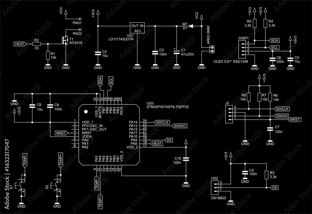 Poster schematic diagram of electronic device on sheet of paper. vector drawing electrical circuit with mic