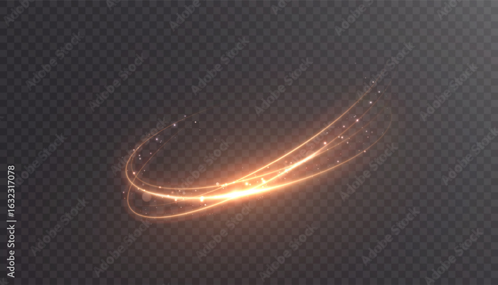 Poster bright orange swirl of light with sparks and curved glowing stripes on a dark background. abstract v