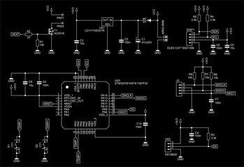 Schematic diagram of electronic device on sheet of paper. Vector drawing electrical circuit with microcontroller,
resistor, integrated circuit, capacitor, diode, connector, button, other components.