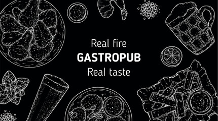 Gastropub menu. Pub food and beer. Hand drawn vector illustration. Food and drink sketch. Top view. Hand drawn food collection for gastropub or pub menu design. Beer, fried chicken, croutons, shrimps