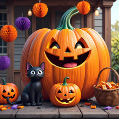 A black cat sits in front of a giant carved pumpkin and two smaller ones on a wooden porch decorated with hanging lanterns. A basket of candy sits to the side, creating a cheerful Halloween scene.