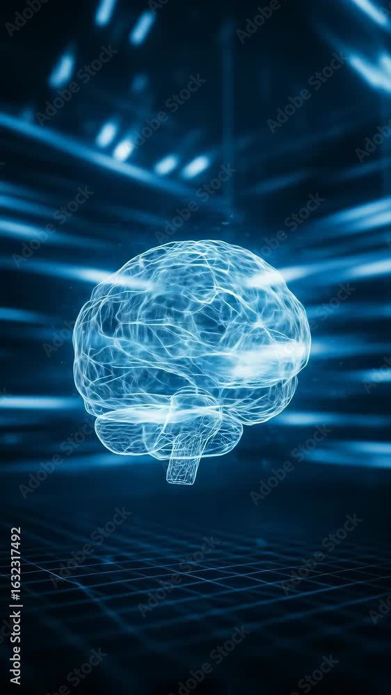 Poster glowing brain hologram on digital grid for futuristic neuroscience and artificial intelligence conce