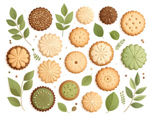 Assorted Cookies and Green Leaves on White Background