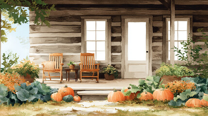 Watercolor, fall-themed Cottagecore: a white wooden porch with a bench, surrounded by pumpkins and flowers in the style of clipart illustrations. Small floral arrangements in light orange and dark bro