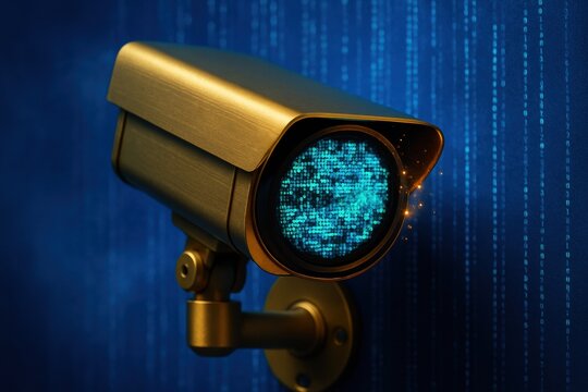 Surveillance Technology: A Glimpse into Digital Monitoring with an Intricate Camera Design Featuring a Blue Data Matrix Background