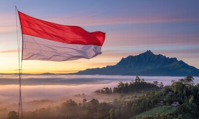 Indonesian flag sunrise mountain view