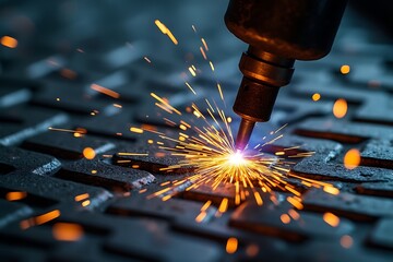 Photo of closeup of a metal cutting process with bright sparks flying off the material