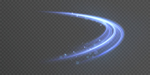 Bright blue glowing curved line with magic light effect. Glow effect for game interface design on transparent background.