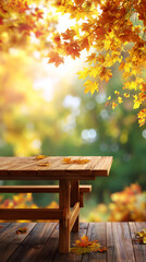 Naklejka premium Wooden table and blurred Autumn background. Autumn concept with red-yellow leaves background.