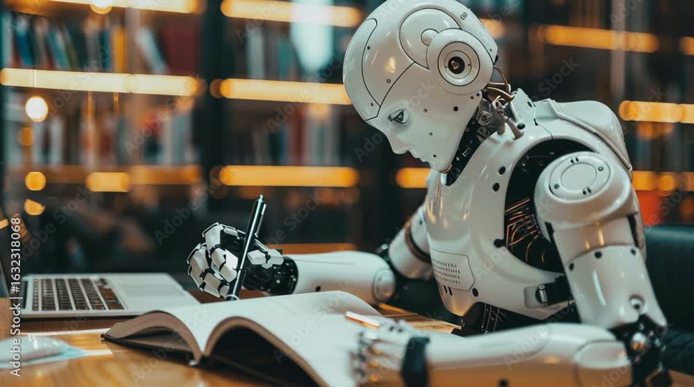Poster robot engages in writing activity at modern workspace, showcasing artificial intelligence capabiliti