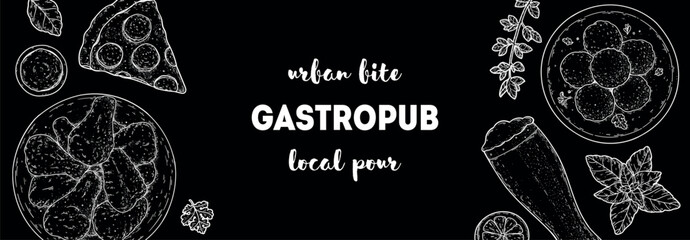 Gastropub menu. Pub food and beer. Hand drawn vector illustration. Food and drink sketch. Top view. Hand drawn food collection for gastropub or pub menu design. Beer,