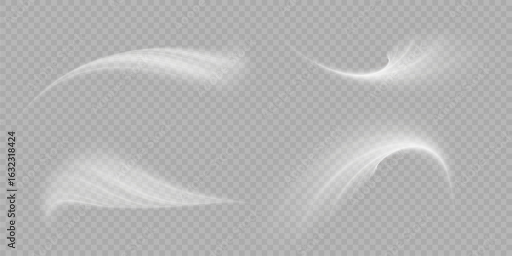 Poster Design element to visualize the flow of air or water. Set of white airflow wave effects. vector png	