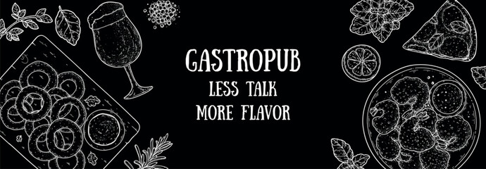 Gastropub menu. Pub food and beer. Hand drawn vector illustration. Food and drink sketch. Top view. Hand drawn food collection for gastropub or pub menu design. Beer,