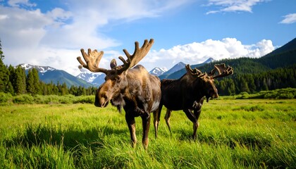Two majestic moose grazing peacefully in a vibrant green meadow with mountain backdrop