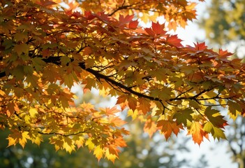 Close up Tree Branch with Red, Yellow, and Green Leaves in Soft Sunlight